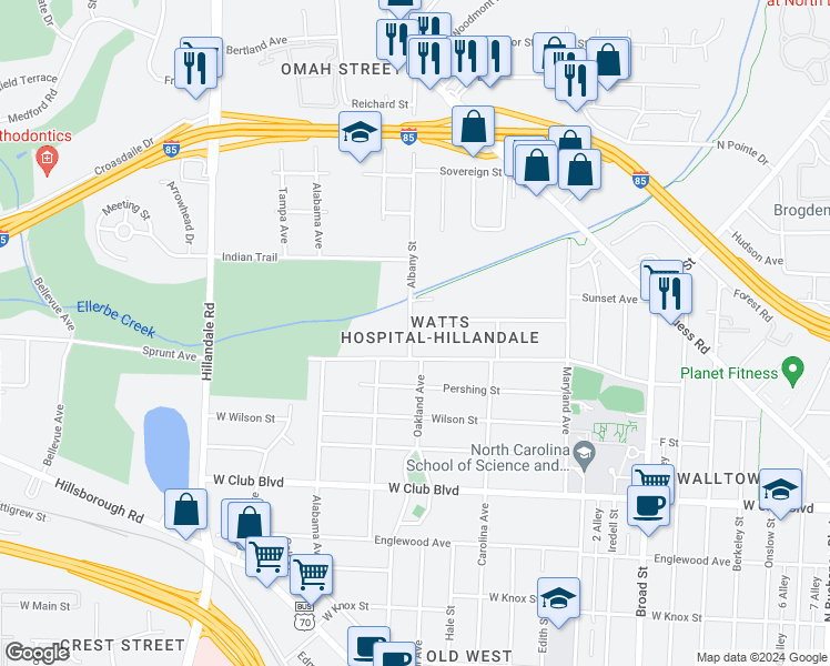 map of restaurants, bars, coffee shops, grocery stores, and more near 2137 Sunset Avenue in Durham