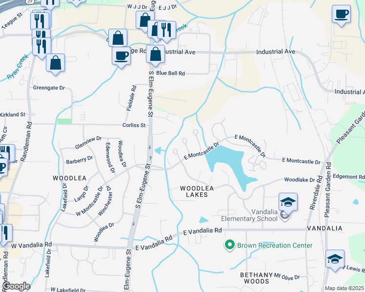 map of restaurants, bars, coffee shops, grocery stores, and more near 309 East Montcastle Drive in Greensboro