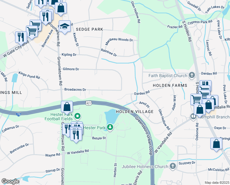 map of restaurants, bars, coffee shops, grocery stores, and more near 3805 Broadacres Drive in Greensboro