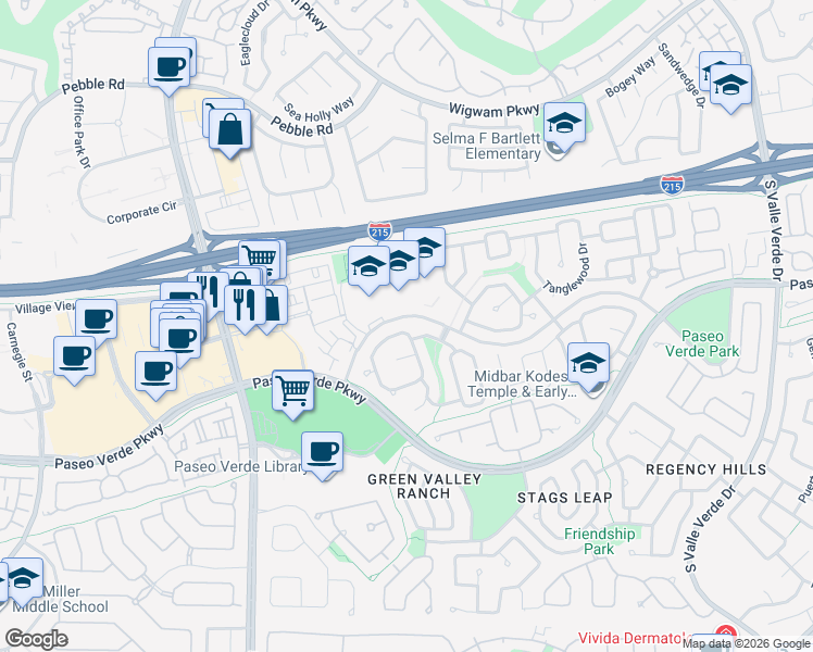 map of restaurants, bars, coffee shops, grocery stores, and more near 264 Chestnut Ridge Circle in Henderson