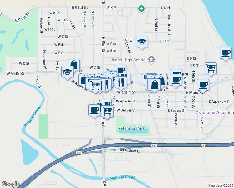 map of restaurants, bars, coffee shops, grocery stores, and more near 110 South Date Street in Jenks