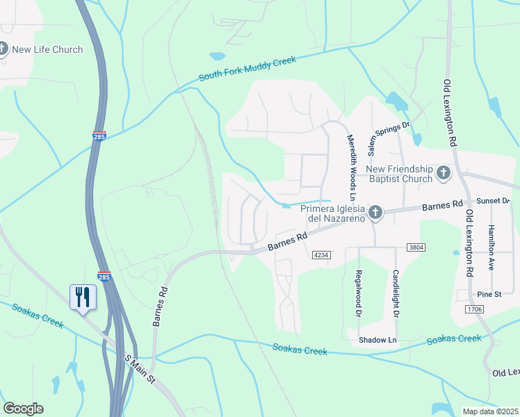 map of restaurants, bars, coffee shops, grocery stores, and more near 4209 Kendall Farms Way in Winston-Salem