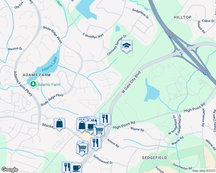 map of restaurants, bars, coffee shops, grocery stores, and more near 4901 Heritage Woods Court in Greensboro