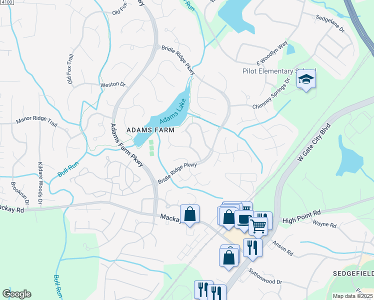 map of restaurants, bars, coffee shops, grocery stores, and more near 5009 Windermere Drive in Greensboro