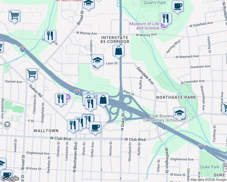 map of restaurants, bars, coffee shops, grocery stores, and more near 901 Ruby Street in Durham