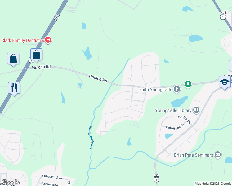 map of restaurants, bars, coffee shops, grocery stores, and more near 507 Club Center Drive in Youngsville