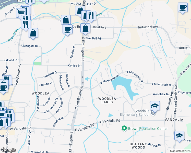 map of restaurants, bars, coffee shops, grocery stores, and more near 301 East Montcastle Drive in Greensboro