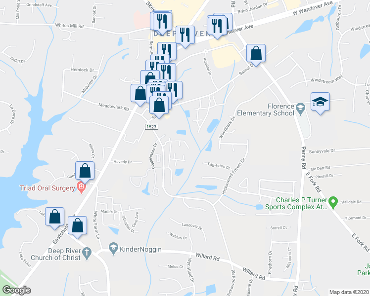 map of restaurants, bars, coffee shops, grocery stores, and more near 3886 Hickswood Creek Drive in High Point