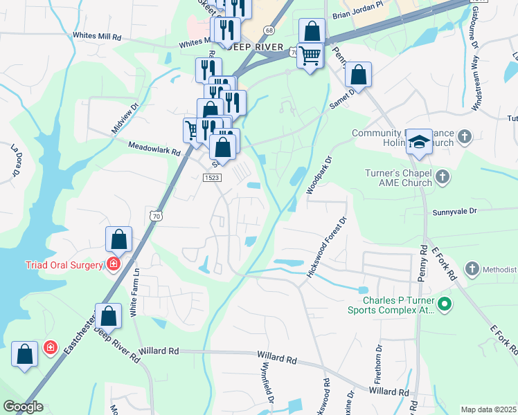 map of restaurants, bars, coffee shops, grocery stores, and more near 3886 Hickswood Creek Drive in High Point