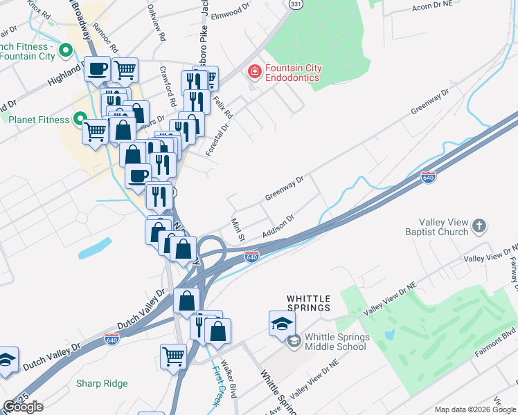 map of restaurants, bars, coffee shops, grocery stores, and more near 2718 Greenway Drive in Knoxville