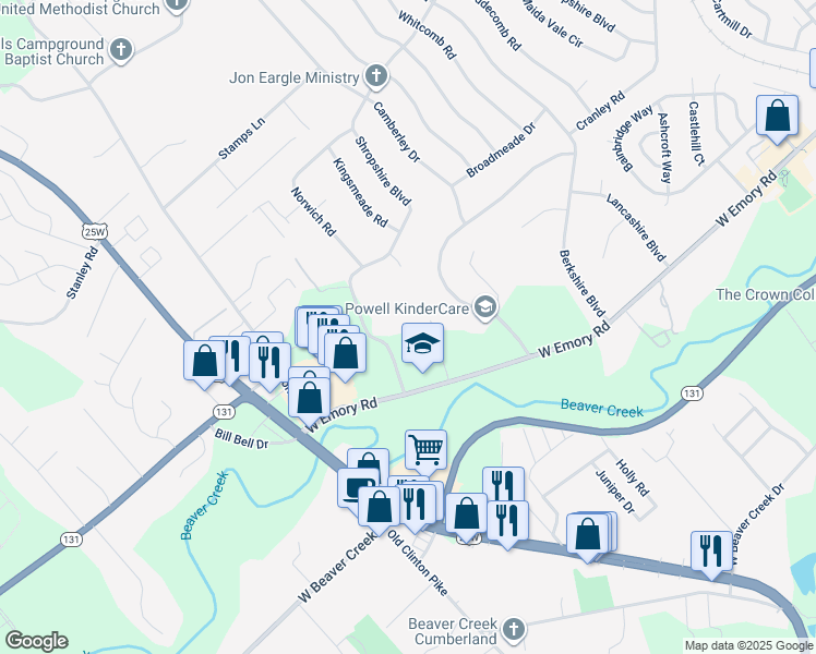 map of restaurants, bars, coffee shops, grocery stores, and more near 3329 West Emory Road in Powell