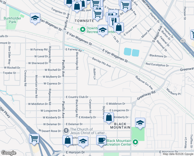 map of restaurants, bars, coffee shops, grocery stores, and more near 624 Robin Lane in Henderson