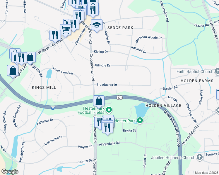 map of restaurants, bars, coffee shops, grocery stores, and more near 3915 Broadacres Drive in Greensboro
