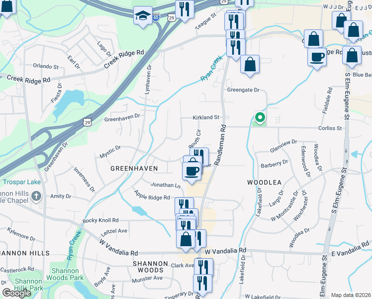 map of restaurants, bars, coffee shops, grocery stores, and more near 421 Routh Circle in Greensboro