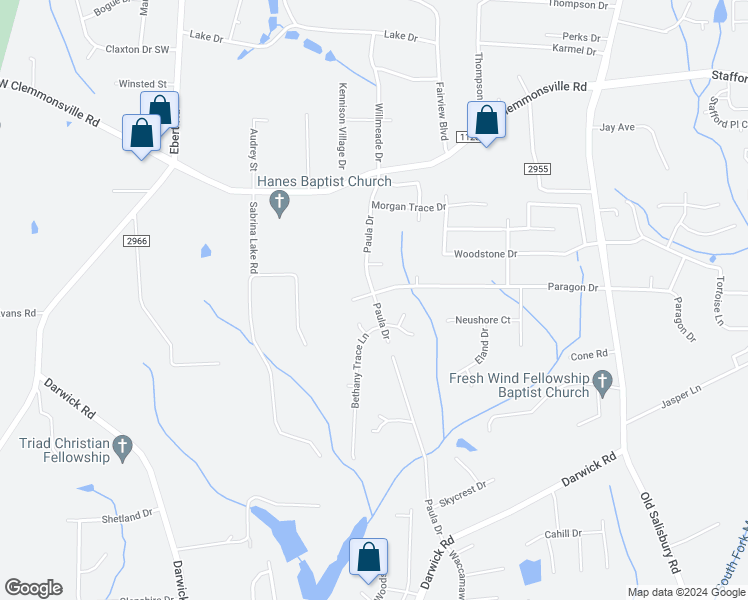 map of restaurants, bars, coffee shops, grocery stores, and more near 4434 Paula Drive in Winston-Salem