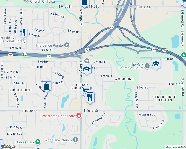 map of restaurants, bars, coffee shops, grocery stores, and more near 9724 South 99th East Avenue in Tulsa