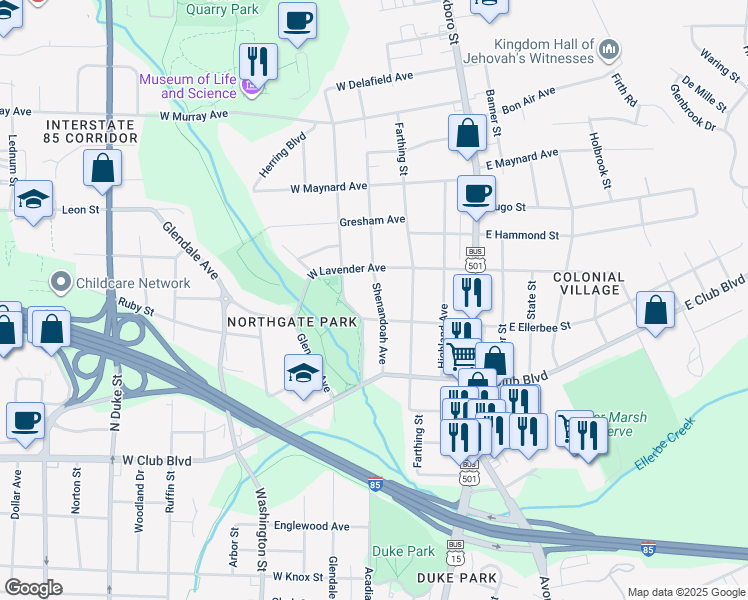 map of restaurants, bars, coffee shops, grocery stores, and more near 2509 Shenandoah Avenue in Durham