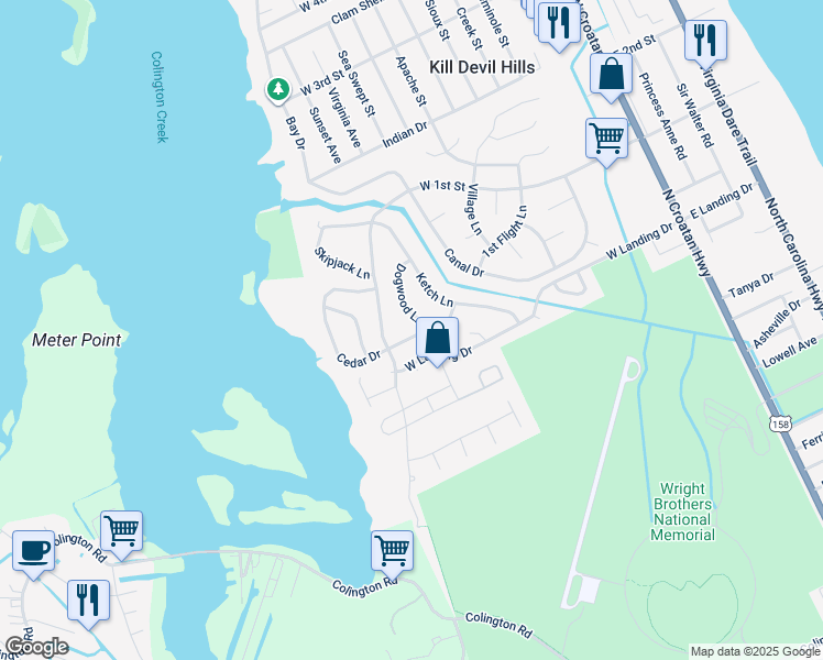 map of restaurants, bars, coffee shops, grocery stores, and more near 702 Cedar Drive in Kill Devil Hills