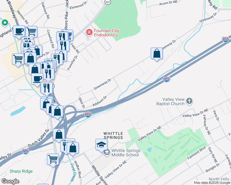 map of restaurants, bars, coffee shops, grocery stores, and more near 2829 Addison Drive in Knoxville