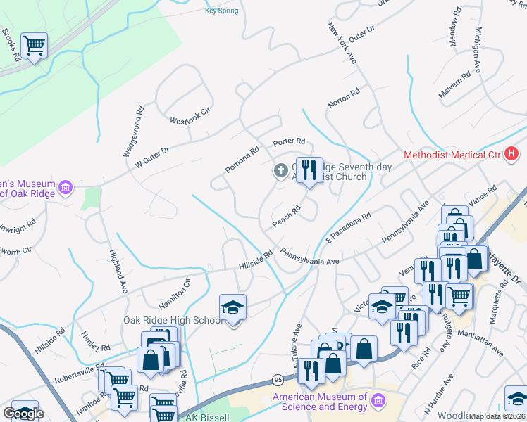 map of restaurants, bars, coffee shops, grocery stores, and more near 105 Pickwick Lane in Oak Ridge
