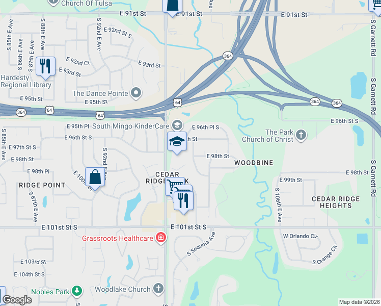map of restaurants, bars, coffee shops, grocery stores, and more near 9724 South 99th East Avenue in Tulsa
