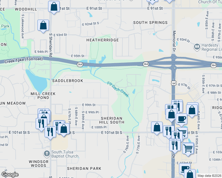 map of restaurants, bars, coffee shops, grocery stores, and more near 9703 South 72nd East Avenue in Tulsa