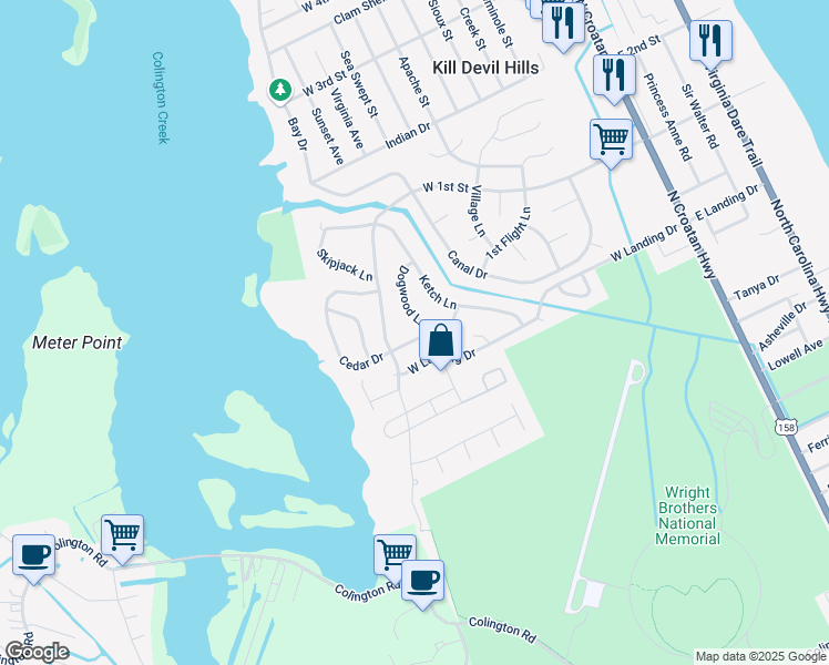 map of restaurants, bars, coffee shops, grocery stores, and more near 606 Cedar Drive in Kill Devil Hills