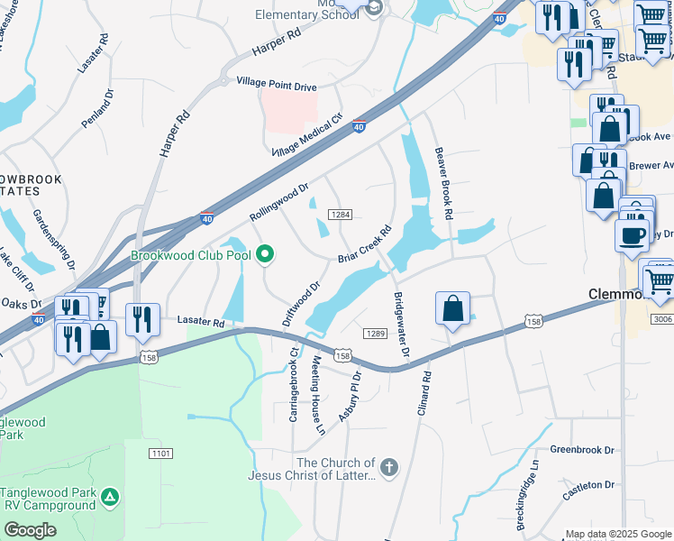 map of restaurants, bars, coffee shops, grocery stores, and more near 4401 Driftwood Drive in Clemmons