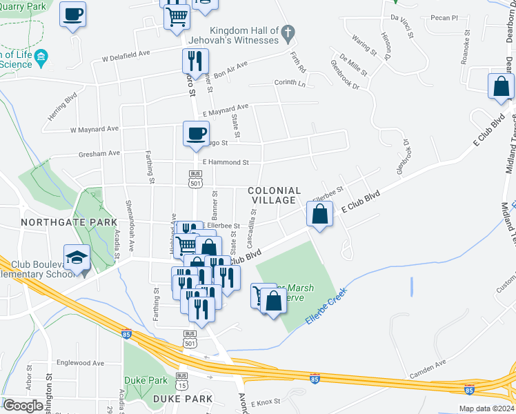 map of restaurants, bars, coffee shops, grocery stores, and more near 2512 Cascadilla Street in Durham
