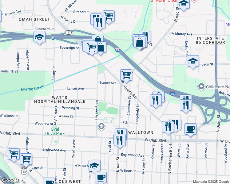 map of restaurants, bars, coffee shops, grocery stores, and more near 1418 Pennsylvania Avenue in Durham