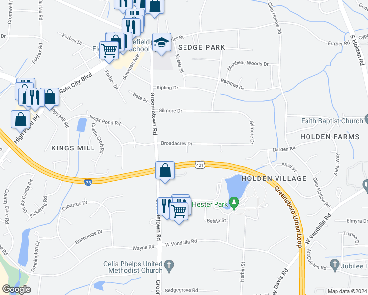 map of restaurants, bars, coffee shops, grocery stores, and more near 4003 Broadacres Drive in Greensboro