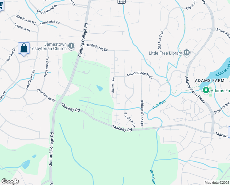 map of restaurants, bars, coffee shops, grocery stores, and more near 3014 Renaissance Parkway in Jamestown