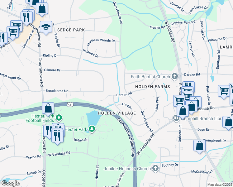 map of restaurants, bars, coffee shops, grocery stores, and more near 3410 Darden Road in Greensboro