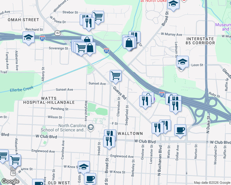 map of restaurants, bars, coffee shops, grocery stores, and more near 2009 Guess Road in Durham