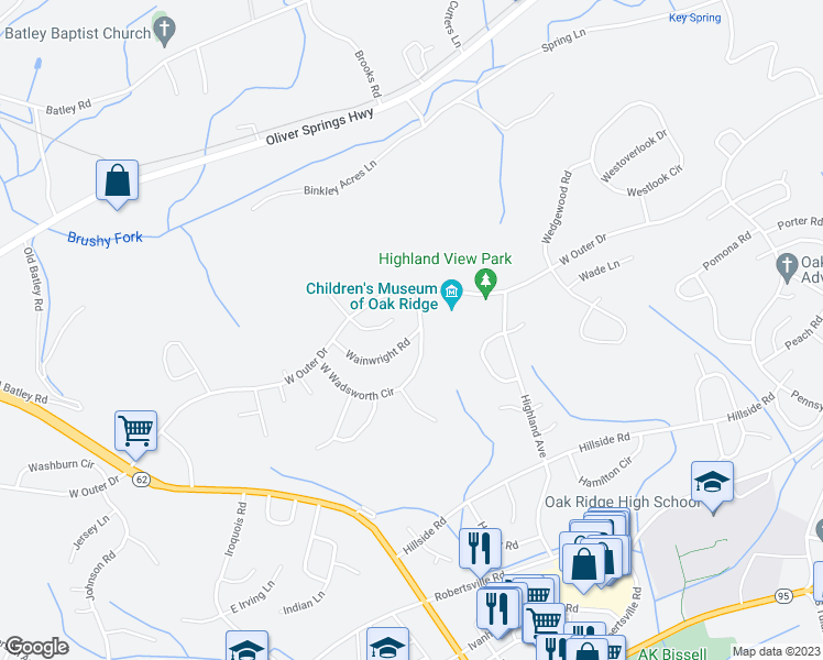 map of restaurants, bars, coffee shops, grocery stores, and more near 102 Wainwright Road in Oak Ridge