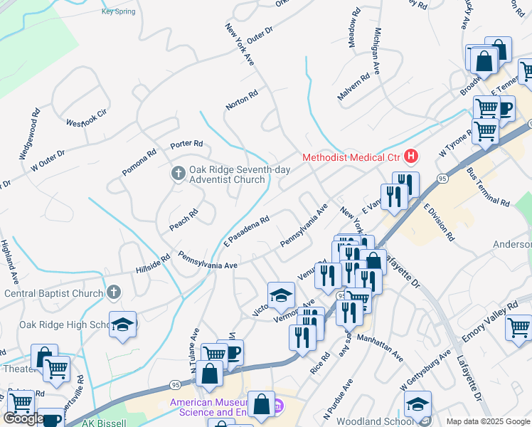 map of restaurants, bars, coffee shops, grocery stores, and more near 112 East Pasadena Road in Oak Ridge