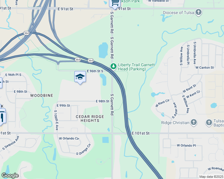 map of restaurants, bars, coffee shops, grocery stores, and more near 9620 South Garnett Road in Broken Arrow
