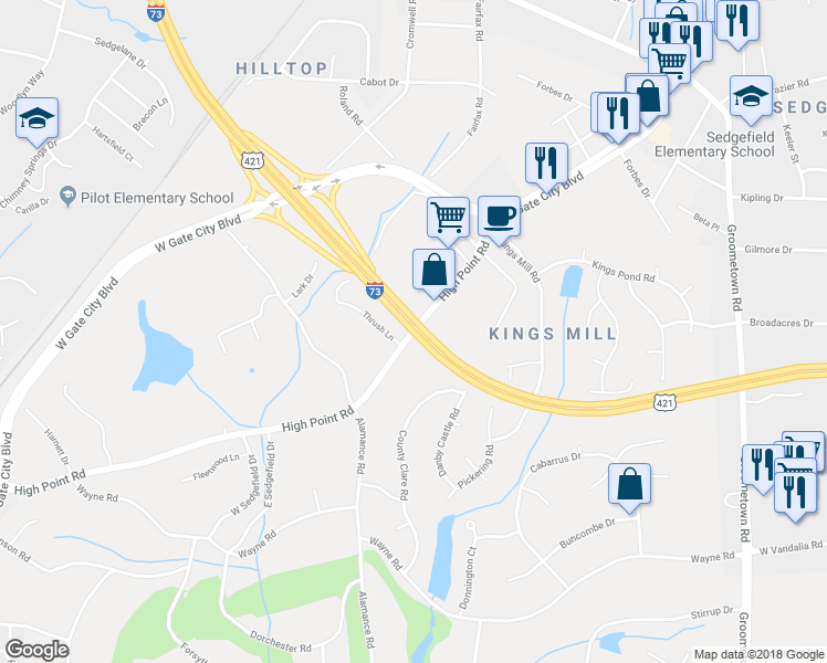 map of restaurants, bars, coffee shops, grocery stores, and more near 5137 High Point Road in Greensboro