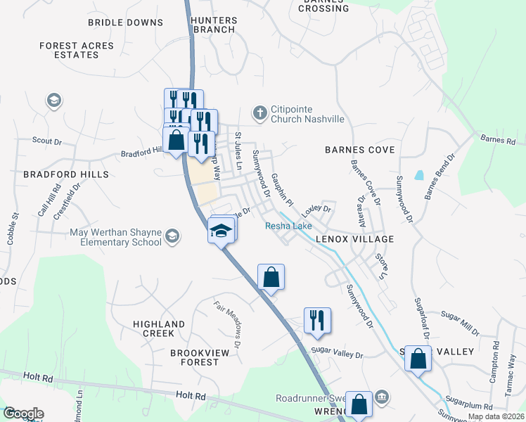 map of restaurants, bars, coffee shops, grocery stores, and more near 803 Hobbit Lane in Nashville