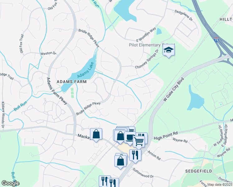 map of restaurants, bars, coffee shops, grocery stores, and more near 3 Creekstone Court in Greensboro