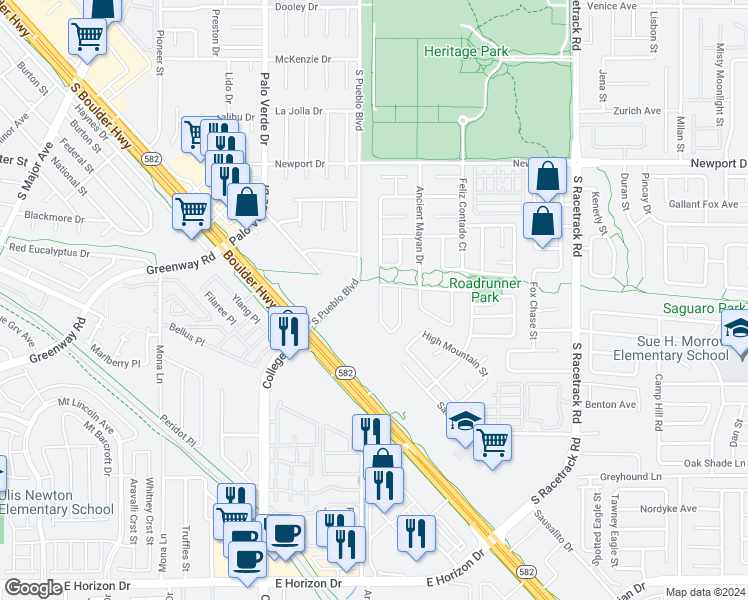 map of restaurants, bars, coffee shops, grocery stores, and more near 607 Grande Sombrero Way in Henderson