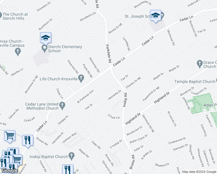 map of restaurants, bars, coffee shops, grocery stores, and more near 1141 Fair Drive in Knoxville