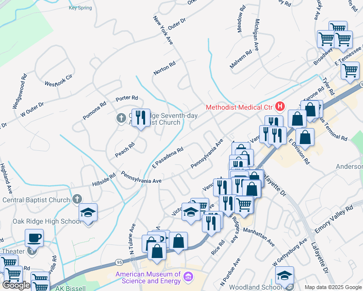 map of restaurants, bars, coffee shops, grocery stores, and more near 112 East Pasadena Road in Oak Ridge