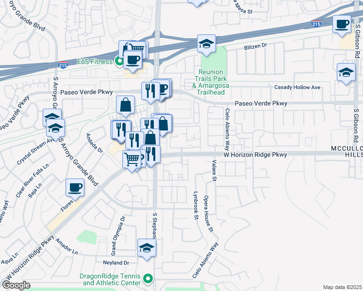 map of restaurants, bars, coffee shops, grocery stores, and more near 1350 West Horizon Ridge Parkway in Henderson