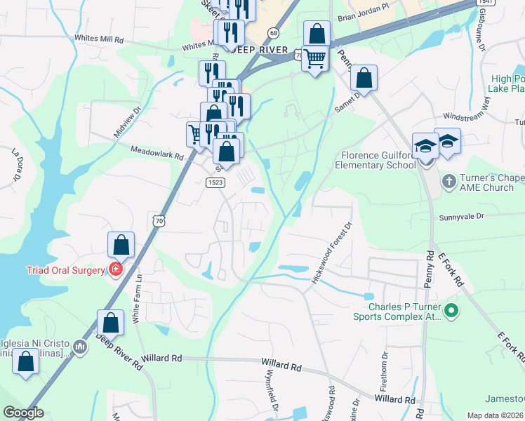 map of restaurants, bars, coffee shops, grocery stores, and more near 3882 Hickswood Creek Drive in High Point