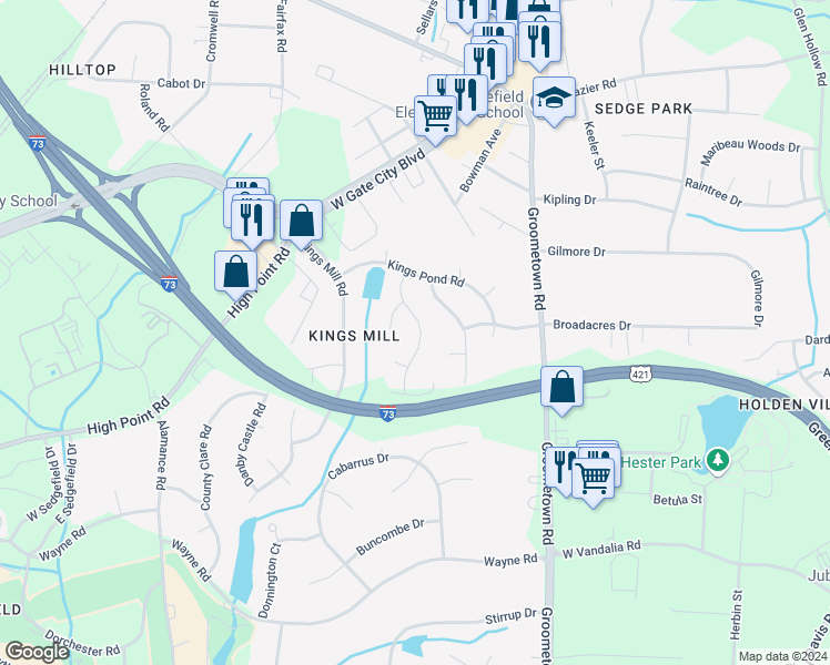 map of restaurants, bars, coffee shops, grocery stores, and more near 2708 Castle Croft Road in Greensboro