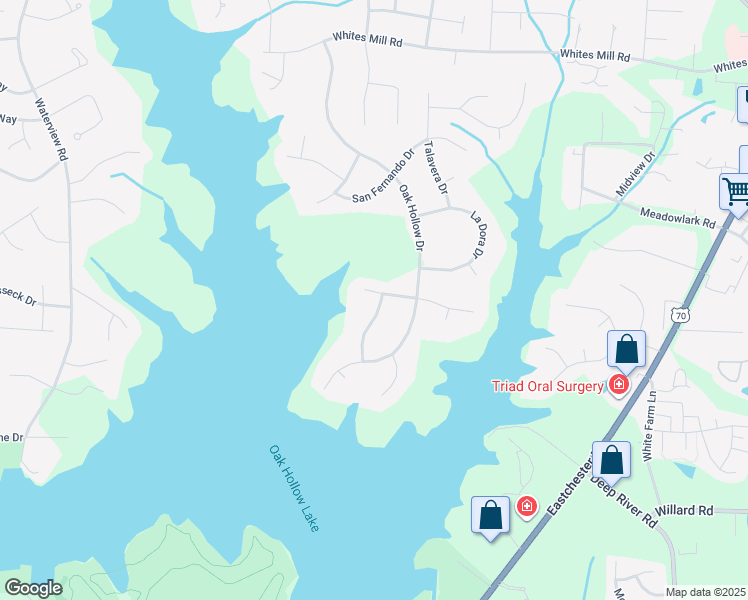 map of restaurants, bars, coffee shops, grocery stores, and more near 1904 La Vista Drive in High Point