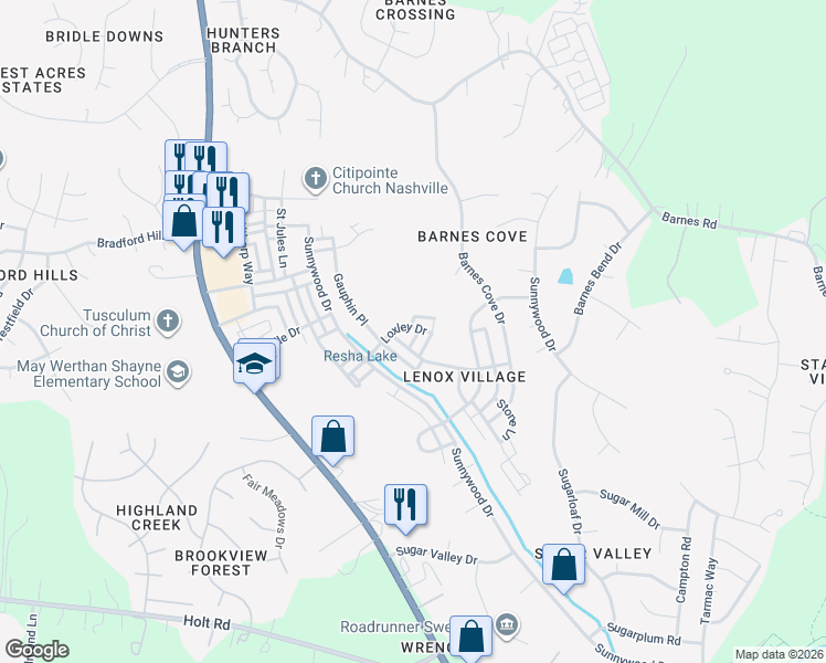 map of restaurants, bars, coffee shops, grocery stores, and more near 9111 Otter Lane in Nashville