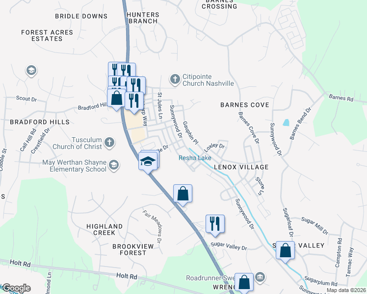 map of restaurants, bars, coffee shops, grocery stores, and more near 803 Hobbit Lane in Nashville
