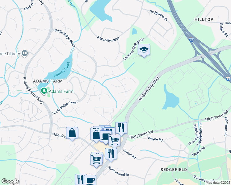 map of restaurants, bars, coffee shops, grocery stores, and more near 4912 Heritage Woods Court in Greensboro